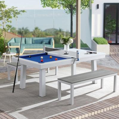 HomeSeason Oasis Outdoor/Indoor Slate Dining Pool Table w/2 Benches & Accessories Metal in Blue/White | 30.7 H x 83.07 W x 46.85 D in | Wayfair