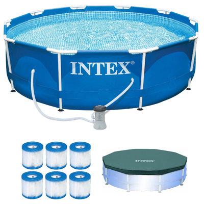 Intex Metal Frame Outdoor Pool Set w/ Cover & Type H Filter Cartridge (6 pack) Plastic in Blue | 30 H x 120 W x 120 D in | Wayfair