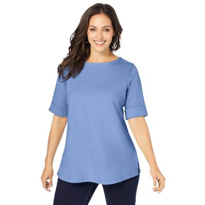 Plus Size Women's Stretch Cotton Cuff Tee by Jessica London in French Blue (Size 26/28) Short-Sleeve T-Shirt