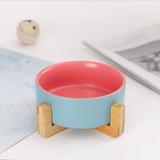 Ruya company Ceramic Cat Dog Bowl Dish w/ Wood Stand No Spill Pet Food Water Feeder Cats Medium Dogs Wood in Pink/Blue | Wayfair A0B1B08GY9F1G8A0B0