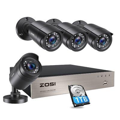 ZOSI 8CH DVR Security Cameras System w/ 1TB HDD, 4 x 2MP Outdoor Bullet Cameras, Motion Detection in Black | 11.2 H x 7.37 W x 17.3 D in | Wayfair