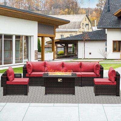 Latitude Run® 8 Pieces Outdoor Patio Furniture Set w/ Propane Fire Pit Table Outdoor Sectional Sofa Sets Patio Furniture 43" Gas Fire Pit Pe R Wicker/Rattan