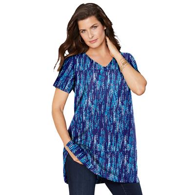 Plus Size Women's Short-Sleeve V-Neck Ultimate Tunic by Roaman's in Navy Speckle (Size 4X) Long T-Shirt Tee