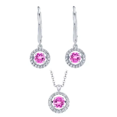 Dancing Lab Created Pink Sapphire Pendant and Earring Set in Sterling Silver