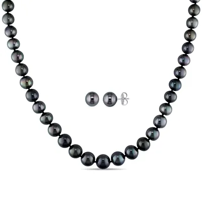 Black Tahitian Pearl Necklace and Stud Earrings 14k White Gold