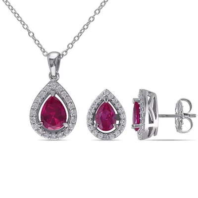 4.9 CT. T.W. Created Ruby and Created White Sapphire Teardrop Halo Pendant and Stud Earrings Set in Sterling Silver