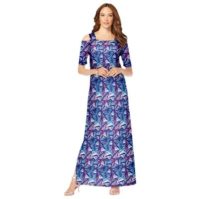 Plus Size Women's Ultrasmooth® Fabric Cold-Shoulder Maxi Dress by Roaman's in Navy Butterfly Print (Size 34/36)