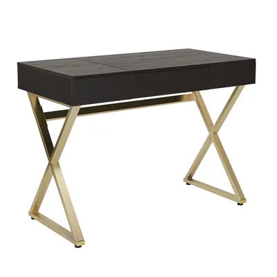 OSP Home Furnishings Andrea Desk with Power- Black Top and Matte Gold Legs K/D