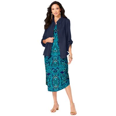 Plus Size Women's Three-Quarter Sleeve Jacket Dress Set with Button Front by Roaman's in Navy Swirly Paisley (Size 20 W)