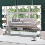 Everly Quinn Hollywood Vanity w/ Mirror Wood in White, Size 31.5 H x 50.0 W x 22.0 D in | Wayfair 4B93770B174D4F108D7B37A99474622A