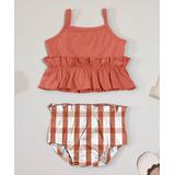 Little Sun Apparel Girls' Bloomers coral - Coral Ruffle-Accent Tank & Plaid Diaper Cover - Infant