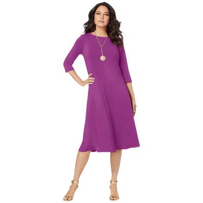 Plus Size Women's Ultrasmooth® Fabric Boatneck Swing Dress by Roaman's in Purple Magenta (Size 34/36) Stretch Jersey 3/4 Sleeve Dress