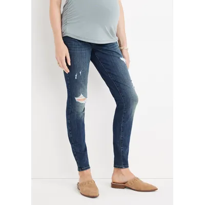 Maurices Women's Jeans Over The Bump Ripped Blue Denim Maternity Jegging Size Large