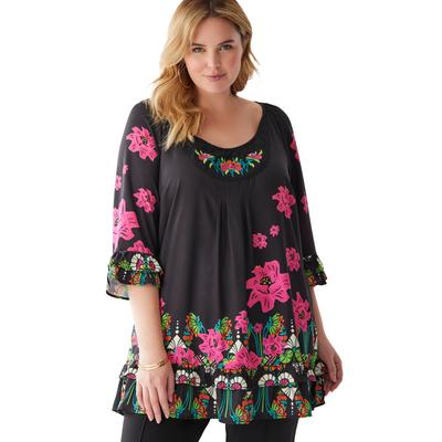 Plus Size Women's Ruffle Three Quarter Sleeve Tunic by Soft Focus in Black Multi Flower Embroidery (Size 14 W)