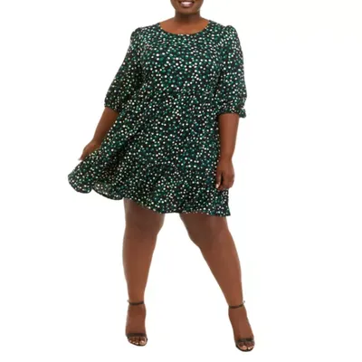 Sandra Darren Women's Plus Size 3/4 Sleeve Jeweled Neck Dot Print Crepe Babydoll Dress, Green, 1X