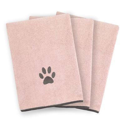 Embroidered Microfiber Pet Towel, Small, 3 Pieces Paw Blush by Brylane Home in Paw Blush
