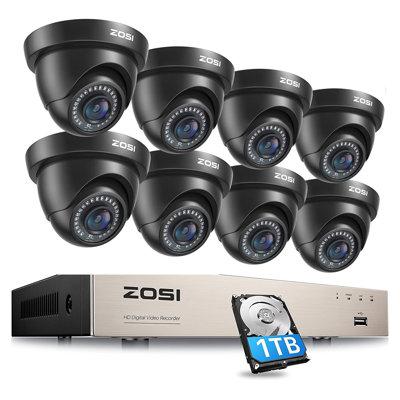 ZOSI 8CH DVR Security Cameras System w/ 1TB HDD, 8 x 2MP Outdoor Dome Security Cameras, Motion Alert in Black | 17.5 H x 12 W x 11.4 D in | Wayfair