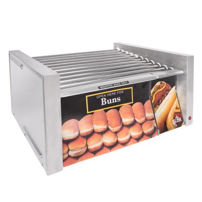 Star 30CBD Grill-Max 30 Hot Dog Roller Grill w/Bun Storage - Slanted Top, 120v, w/ Chrome Plated Rollers and Bun Drawer, 30 Hpt Dog Capacity, Stainless Steel