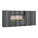 NewAge Products PRO 3.0 Series Grey 10-Piece Cabinet Set with Bamboo Top Slatwall and LED Lights