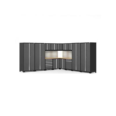 NewAge Products PRO 3.0 Series Grey 16-Piece Corner Cabinet Set with Bamboo Tops Backsplash and LED Lights