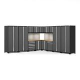NewAge Products PRO 3.0 Series Grey 16-Piece Corner Cabinet Set with Bamboo Tops Backsplash and LED Lights