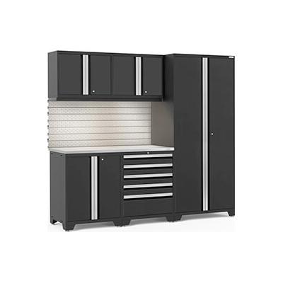 NewAge Products PRO 3.0 Series Black 6-Piece Cabinet Set Stainless Steel Top, Slatwall and LED Lights