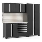 NewAge Products PRO 3.0 Series Black 6-Piece Cabinet Set Stainless Steel Top, Slatwall and LED Lights