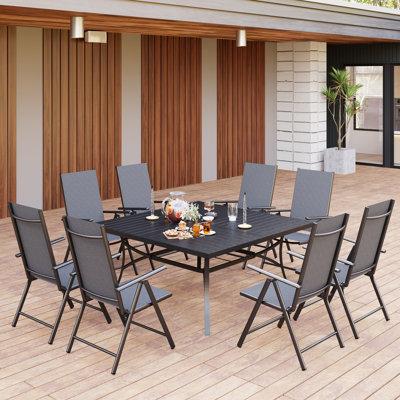 Lark Manor™ Argyri 8 - Person 60  Square Outdoor Dining Set w  Reclining Chair Metal in Black | 60 W in | Wayfair 76299C5BD829440A9DA1EF4DCDDC8456