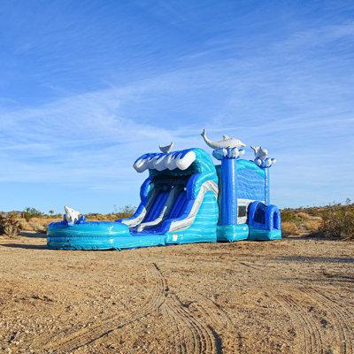 JumpOrange Dolphins Commercial Grade Bounce House Water Slide w/ Splash Pool (with Blower) in Blue | 168 H x 156 W x 420 D in | Wayfair JCXD-CSD35D
