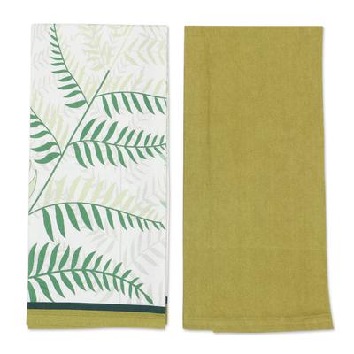 Pistachio Jungle,'Set of Two Leafy Printed Cotton Dish Towels in Green Hues'