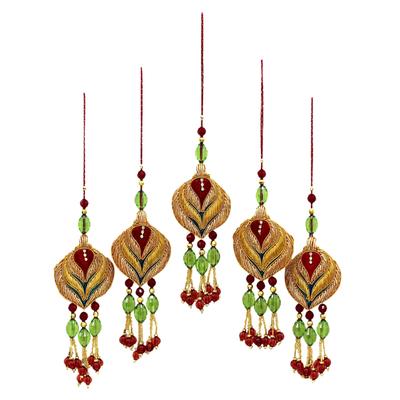 Beaded ornaments, 'Golden Lotus' (set of 5)
