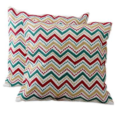 Festive Zigzag,'Multicolored Zigzag Embroidered Cushion Covers (Pair)'