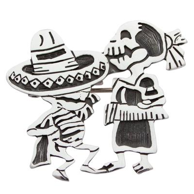 Skeletal Hat Dance,'Day of the Dead Sterling Silver Brooch Pendant'