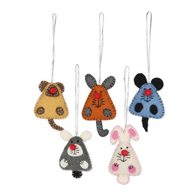 Mischievous Mice,'Set of 5 Mouse Rabbit Wool Felt Holiday Ornaments'