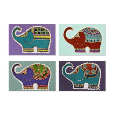 'Four Colorful Batik Elephant Greeting Cards from Thailand'