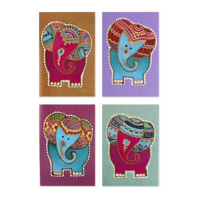 'Four Batik Elephant-Themed Greeting Cards from Thailand'
