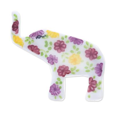 Pretty Floral Elephant,'White Elephant Hand Painted Brooch Pin with Flowers'
