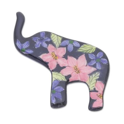 Black Floral Elephant,'Hand Painted Elephant Brooch Pin with Flowers on Black'