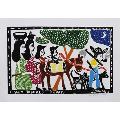 Agricultural Workers,'Brazil Farm Workers Color Woodcut Print by J. Borges'