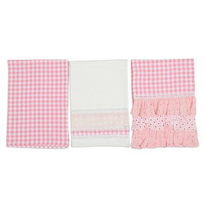 Pink Affection,'Set of 3 Pink Checkered Cotton Dish Towels with Laces'