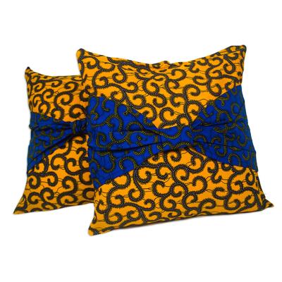 Nhyira,'Blue and Yellow Cotton Cushion Covers (Pair)'