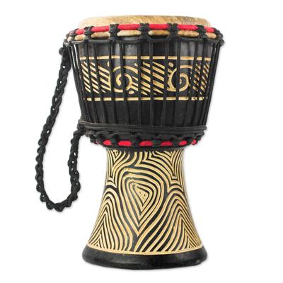 Contours of Music,'Wood Mini Djembe Drum with Line Motifs from Ghana'