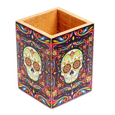 Convenient Skull,'Pine Wood Pencil Holder with Day of the Dead Decoupage'