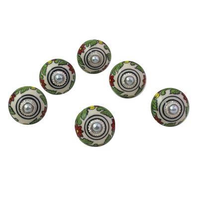 Kitchen Garden,'Ceramic Cabinet Knobs Floral Green (Set of 6) from India'