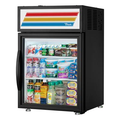 True GDM-05-HC~FGD01 24" Countertop Display Refrigerator w/ Front Access - Swing Door, Black, Right Hinge, 115v, Illuminated Sign Panel
