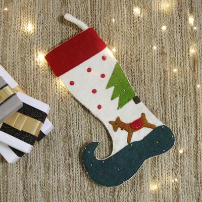 Cute Reindeer,'Handmade Applique Wool Felt Glass Beaded Christmas Stocking'