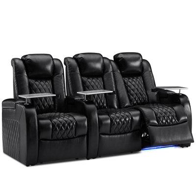 Ivy Bronx Top Grain Leather Home Theater Seating w/ USB Ports & Cup Holders Power Recliner Chair Row of 3 Genuine Leather in Black | Wayfair