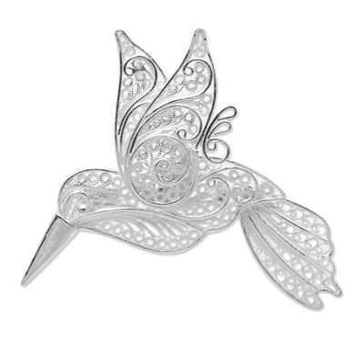 Intricate Hummingbird,'Sterling Silver Filigree Hummingbird Brooch from Java'