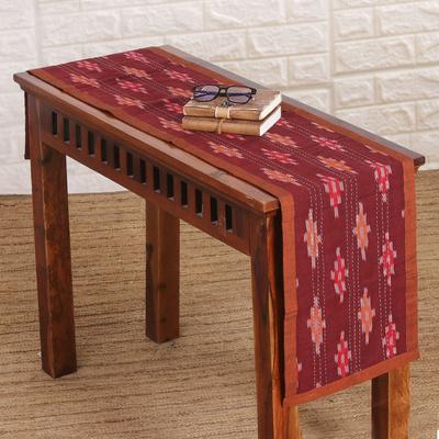 Ikat Essence,'Embroidered Reversible Cotton Table Runner in Burgundy'