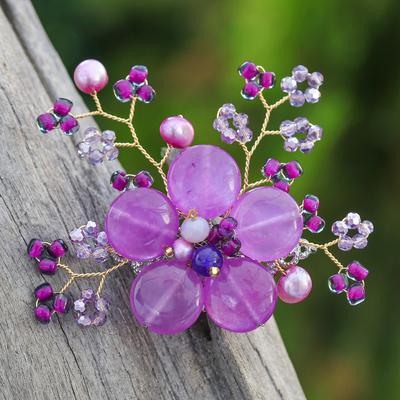 'Flower-Shaped Purple Cultured Pearl and Quartz Brooch Pin'